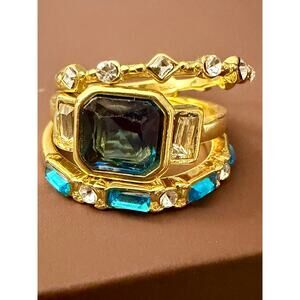 3set Gold-plated stacked rings with blue stones, elegant and shiny